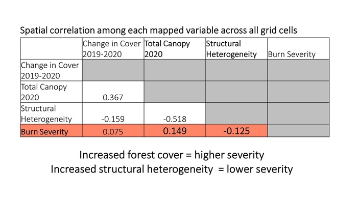 Figure 6. Final results. Values represent correlation, with values closer to 1 or -1 representing a greater correlation. Positive values mean greater values in a variable were correlated with an increase in burn severity, while negative values mean there was an inverse relationship between the two variables (greater structural heterogeneity = lower burn severity).