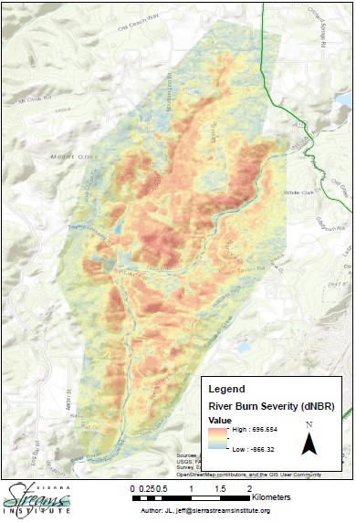 A map showing the burn severity of The River Fire