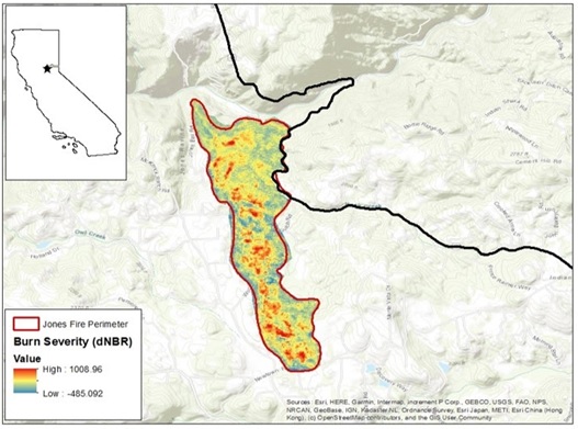 Figure 1. Jones Fire Burn Severity (dNBR, or difference Normalized Burn Ratio). Burn severity data gathered from Google Earth Engine Copernicus/Sentinel-2 imagery at 10 meter pixel resolution. Burn severities <0 represent vegetative regrowth or data anomaly. Severities range from 0-2000.