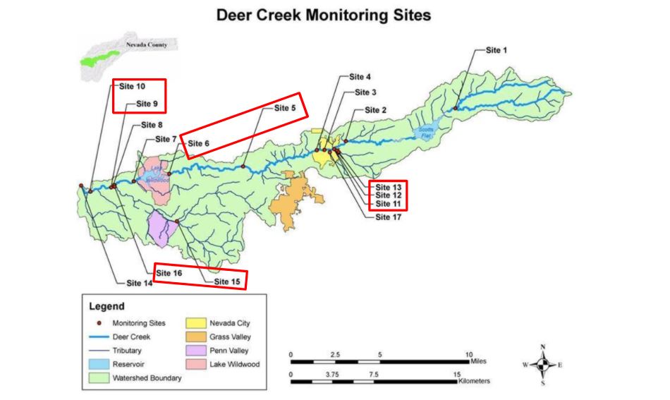 Figure 2. A map of our Deer Creek Watershed sites. Geographically clustered sites used in the analysis are enclosed in red.