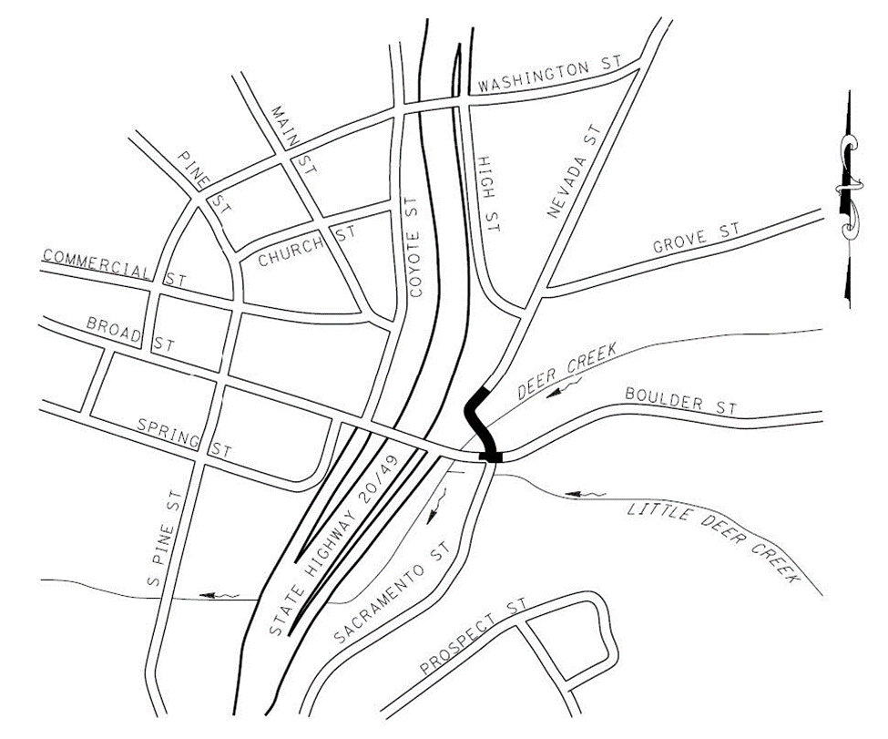 a map of the Nevada Street bridge area